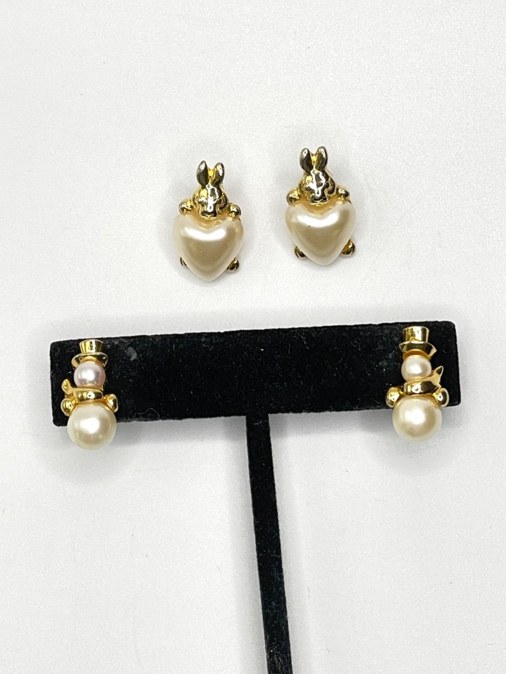 Pierced Earring Lot 2 Pair Faux Pearl Gold Tone Snowman Rabbit